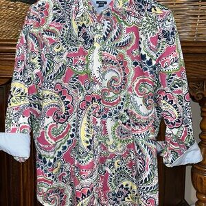Chaps Pink and Green Paisley Button Down Shirt no iron women size XL 3/4 sleeves